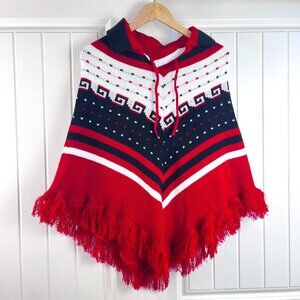 Women's Fringed Knit Poncho Red White & Black